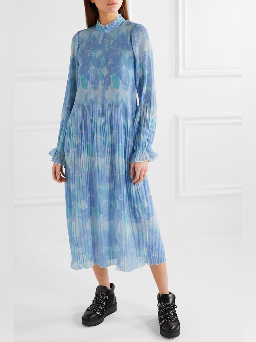 Ganni Gray Dawn Abstract Print Pleated Midi Dress Sz 34 (US 4) NWT